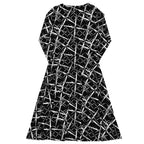 APPARELHUE statement streetwear: long-sleeved black midi dress with a striking all-over white abstract print.