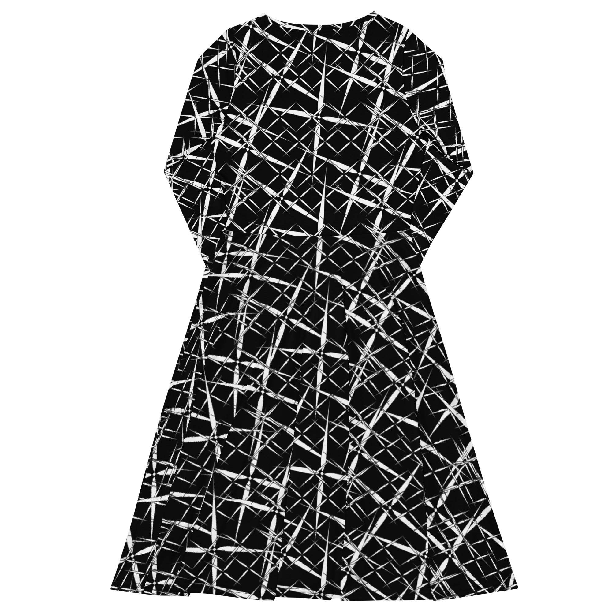 APPARELHUE statement streetwear: long-sleeved black midi dress with a striking all-over white abstract print.