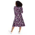 Model wearing APPARELHUE plum purple long-sleeve midi dress with an all-over white and black geometric scratch-effect print.