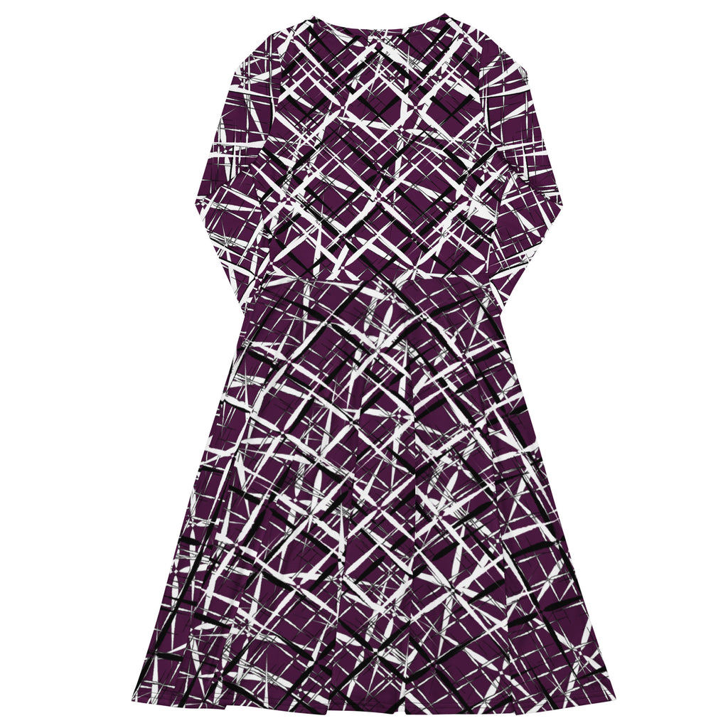 Fitted plum purple and white long-sleeve midi dress from APPARELHUE showcasing a dynamic linear pattern.