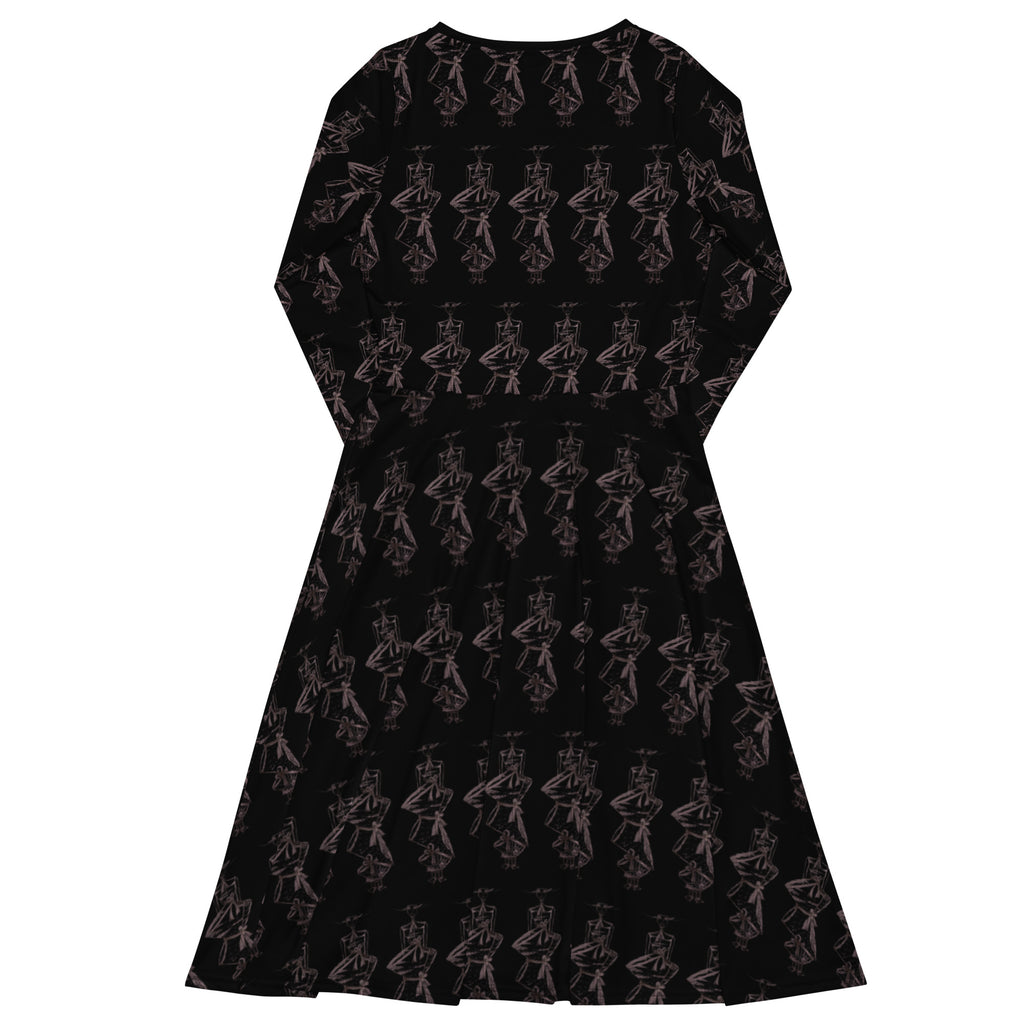 Purple dress with black geometric pattern on a white background