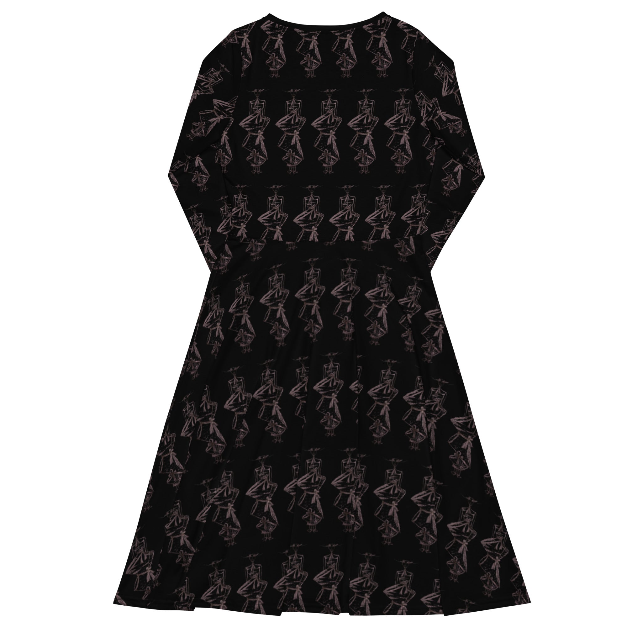 Purple dress with black geometric pattern on a white background