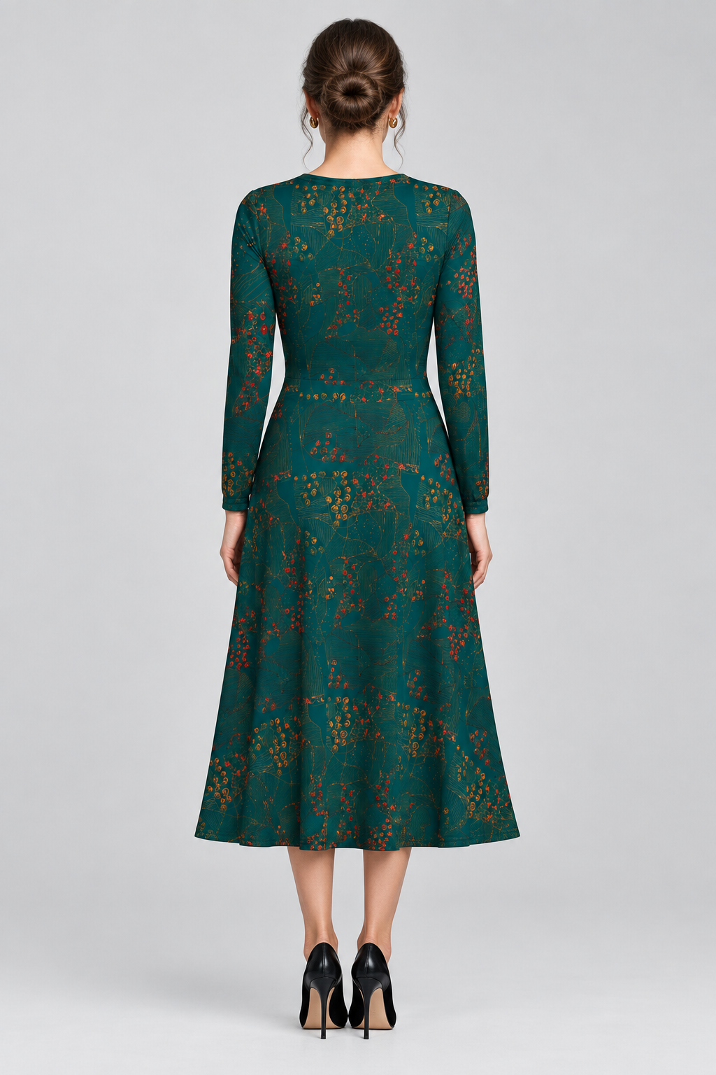 Hand-drawn teal green artistic print on midi dress