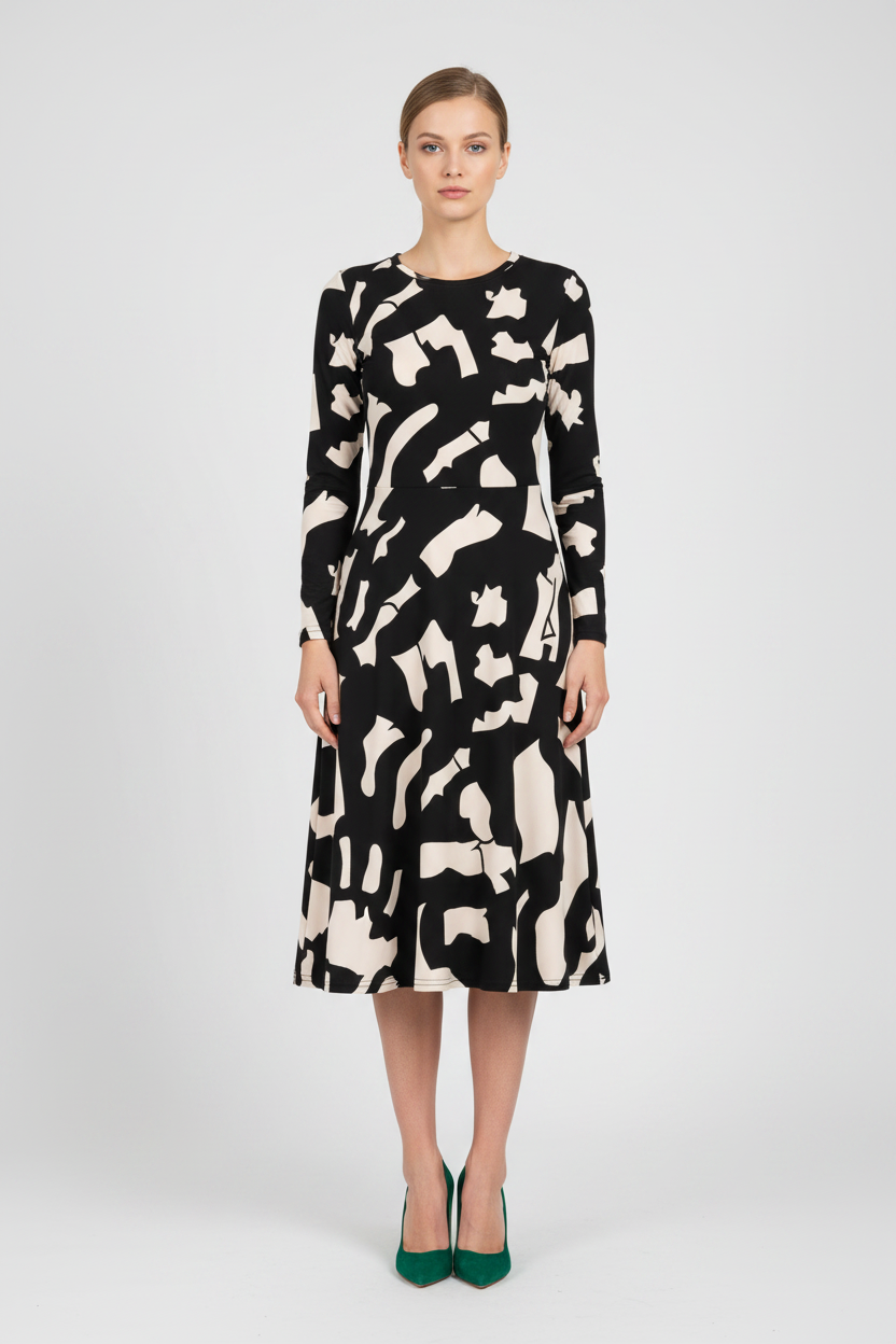 Woman wearing a black and white patterned dress on a white background