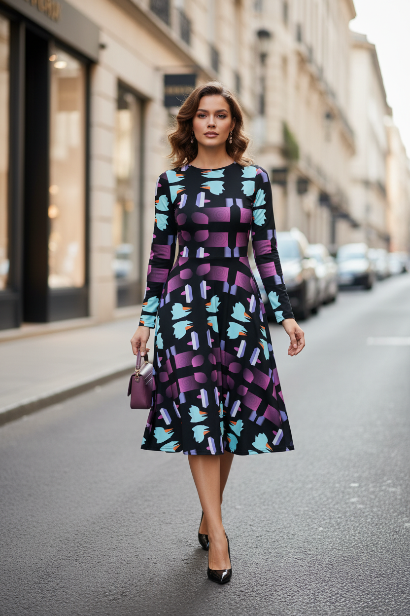 Woman in a patterned dress walking on a city street