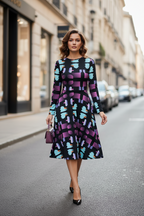 Woman in a patterned dress walking on a city street