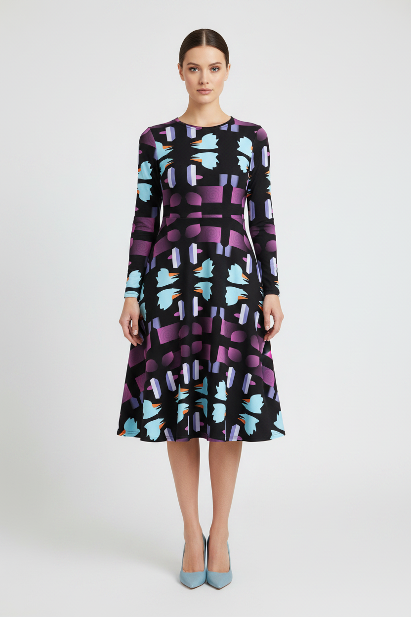 Woman wearing a patterned dress on a white background