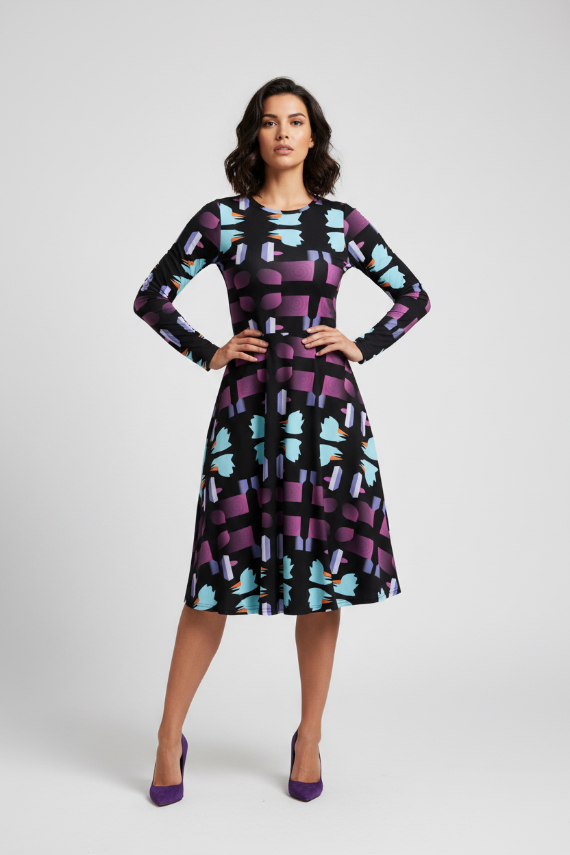 Woman wearing a patterned dress on a white background
