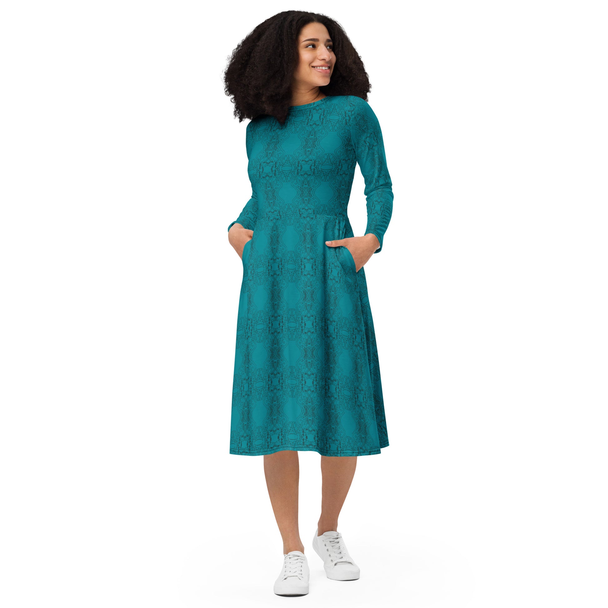 Trendy Beautiful Dress All-Over print Long Sleeve Midi Dress - Apparelhue