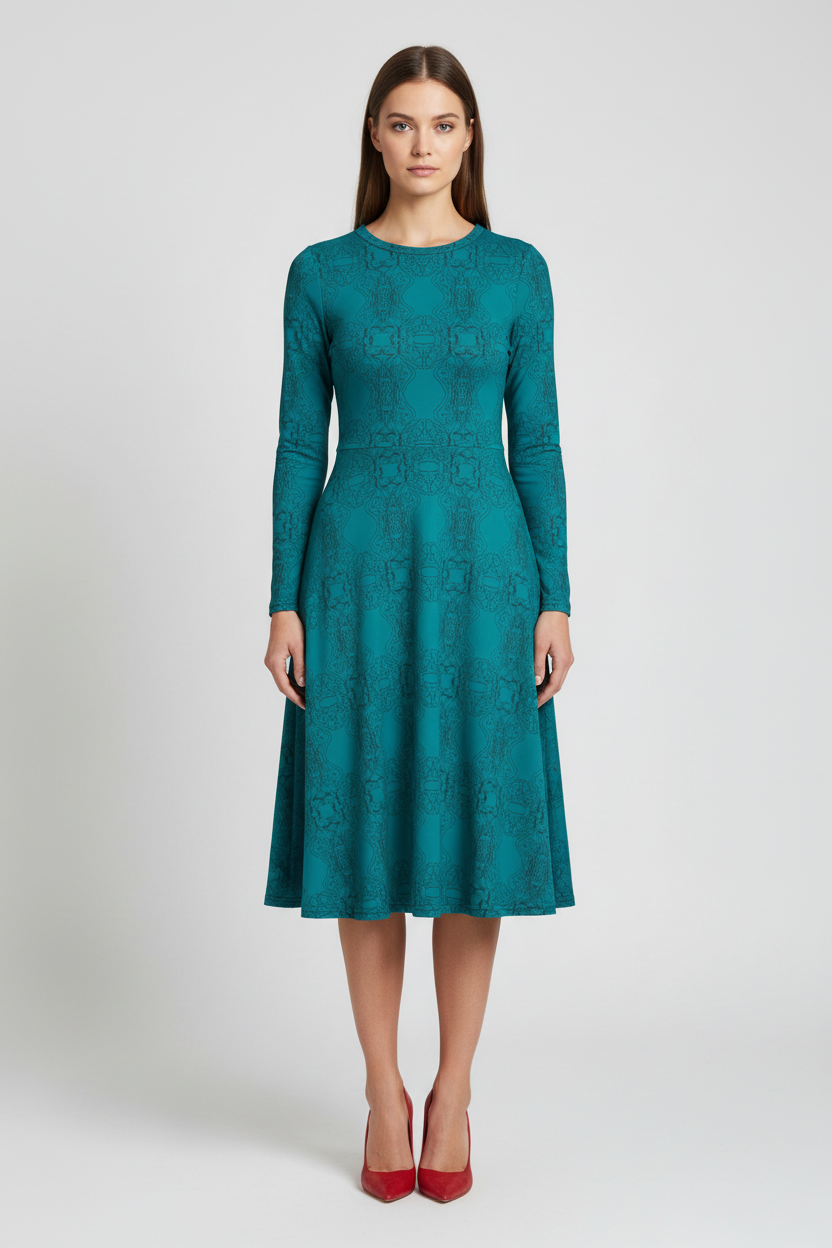 Woman wearing a teal dress with long sleeves on a white background