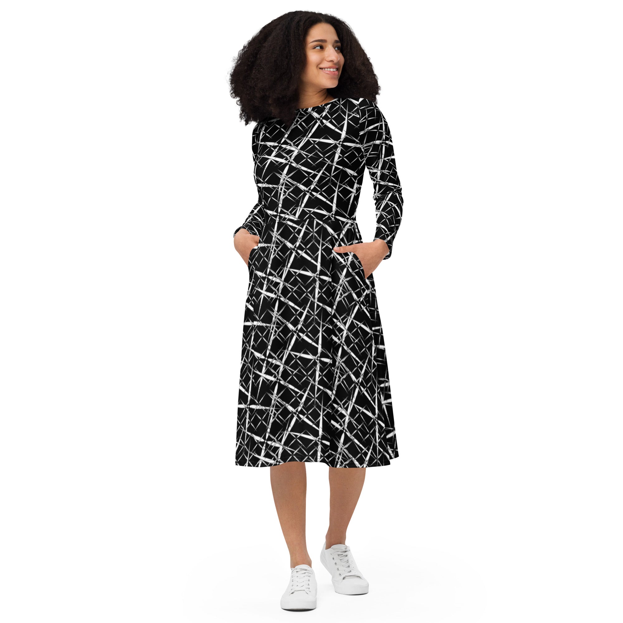 Vibrant Black Midi Dress Delight, All-Over Print Midi Dress