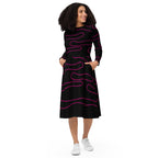 APPARELHUE all-over print long-sleeve midi dress with a flared skirt.