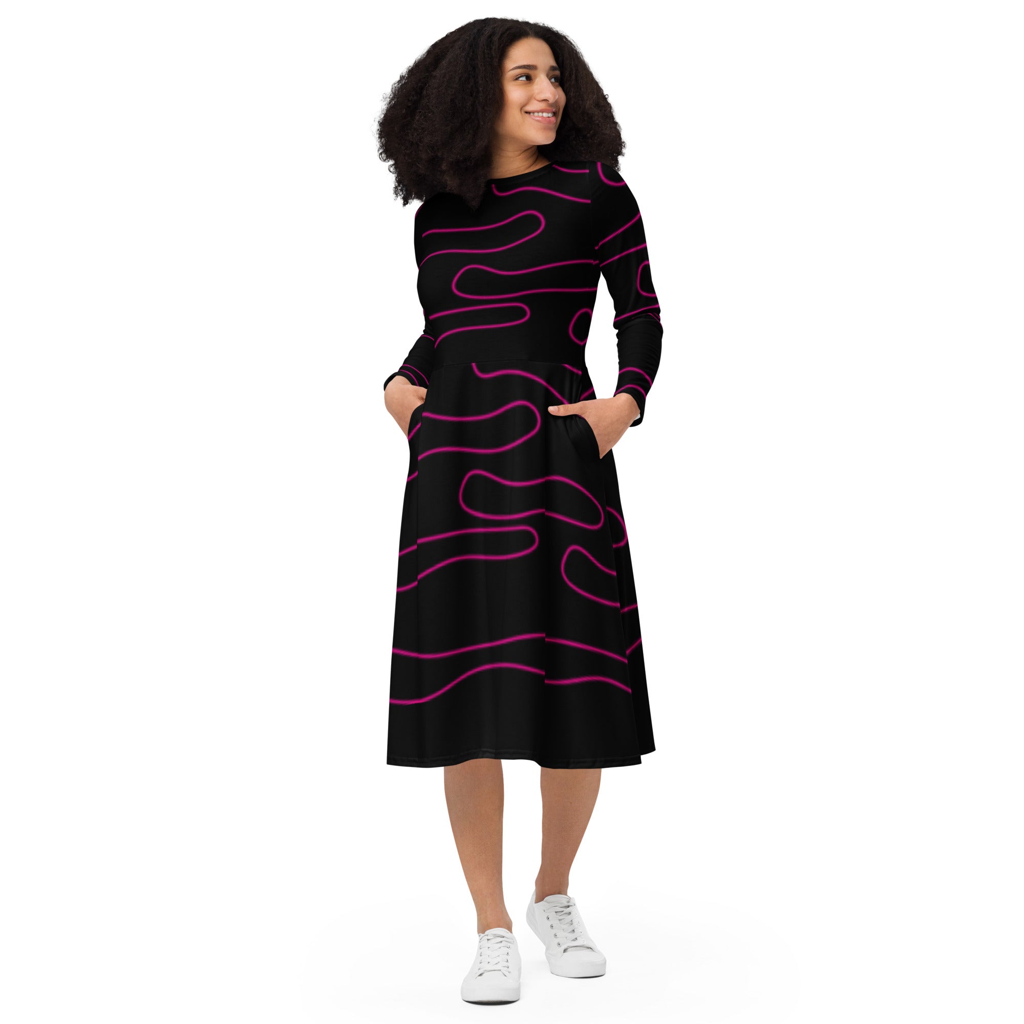 APPARELHUE all-over print long-sleeve midi dress with a flared skirt.