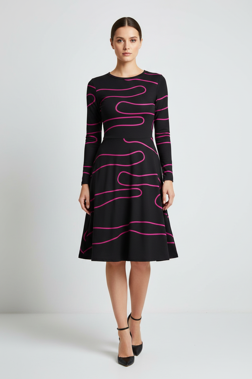 Woman wearing a black dress with pink wavy lines on a white background