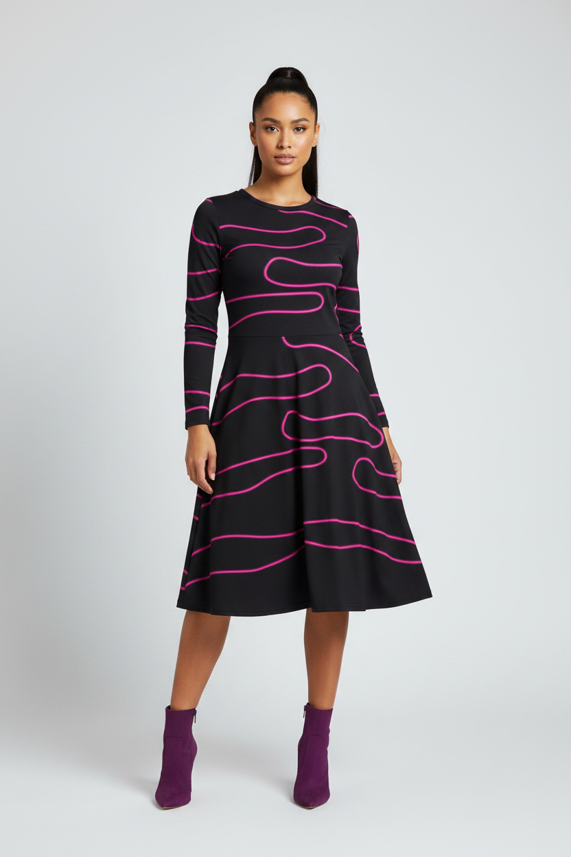 Woman wearing a black dress with pink wavy patterns on a white background