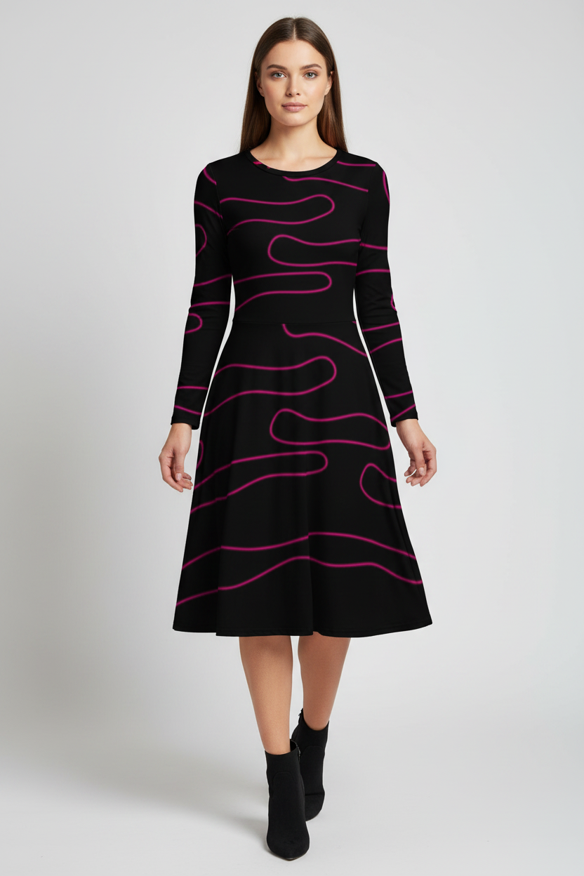 Woman wearing a black dress with pink wavy patterns on a white background