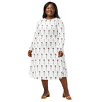 Woman wearing a white dress with red floral pattern on a white background