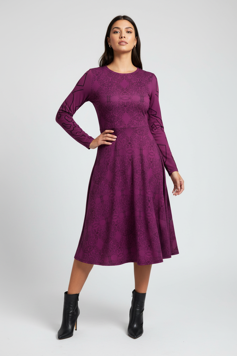 Woman wearing a purple dress with long sleeves on a white background