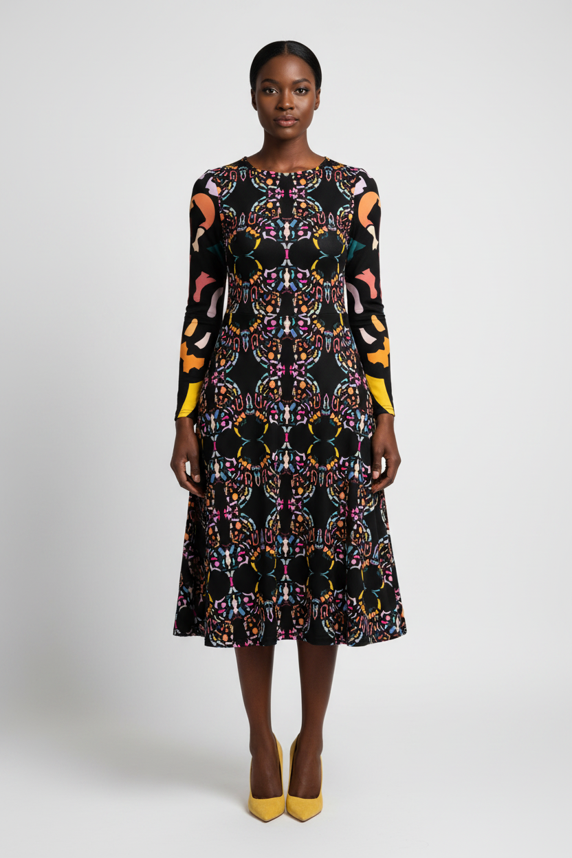 Woman wearing a colorful patterned dress on a white background