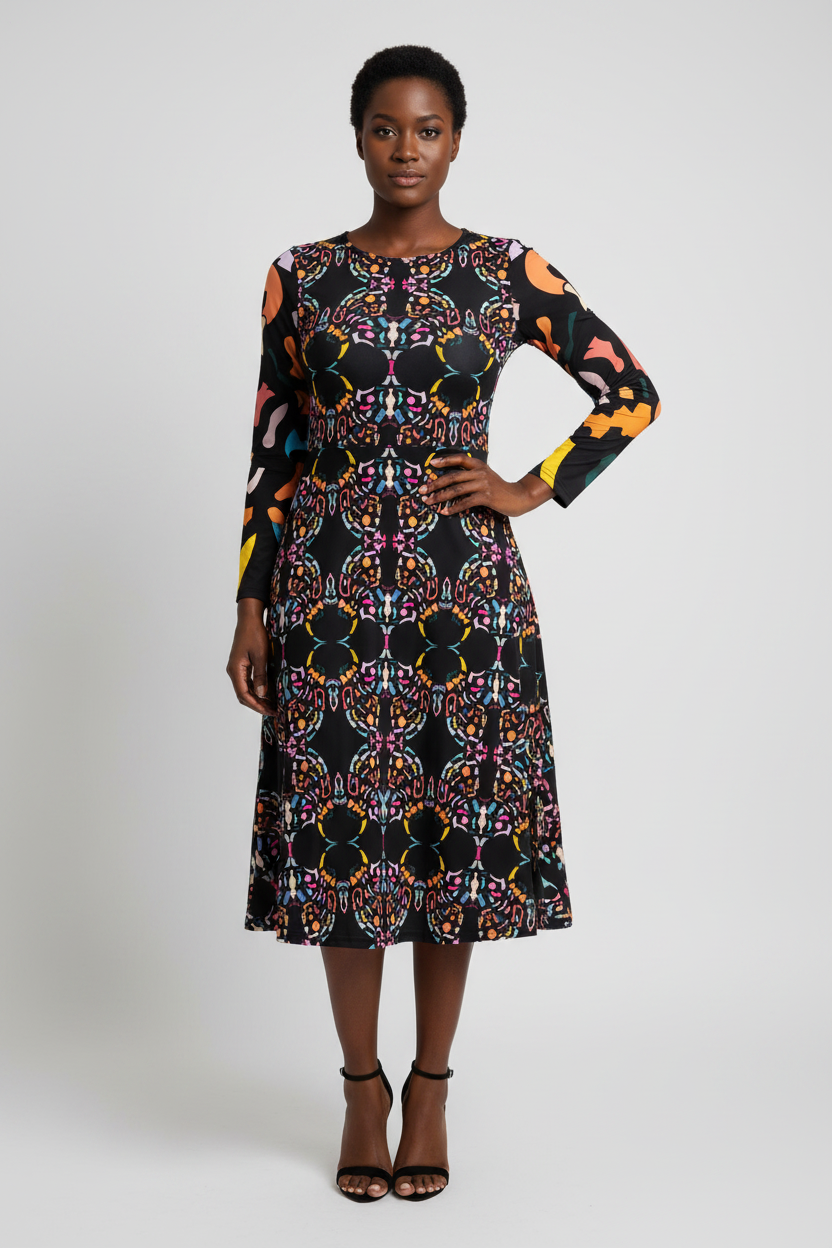 Woman wearing a patterned dress on a white background
