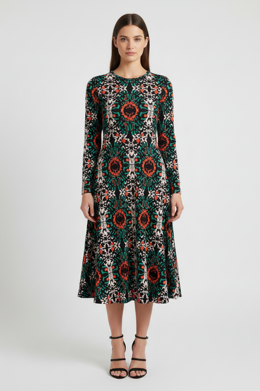Woman wearing a patterned dress on a white background