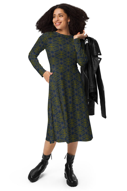 Back view of the long sleeve midi dress showing the fluid drape.