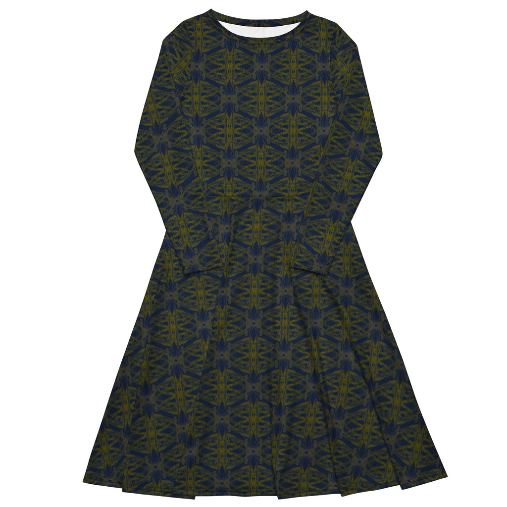 Flat lay of the long sleeve midi dress with gold accessories.