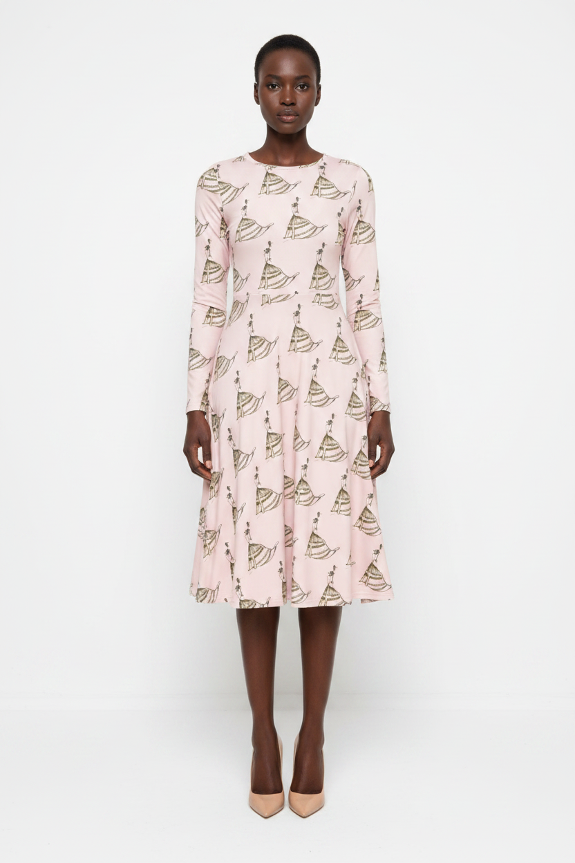 Model wearing a pink dress with geometric pattern on a white background