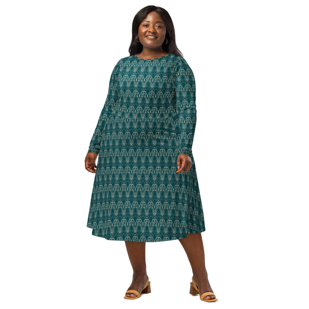 bold print evening dress walking pose