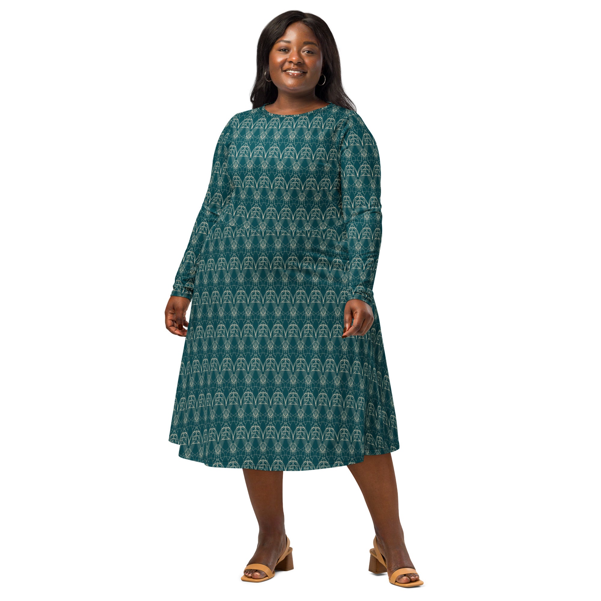 bold print evening dress walking pose