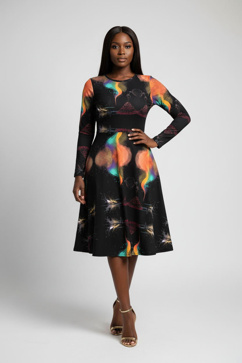 Woman wearing a black dress with colorful abstract patterns on a white background