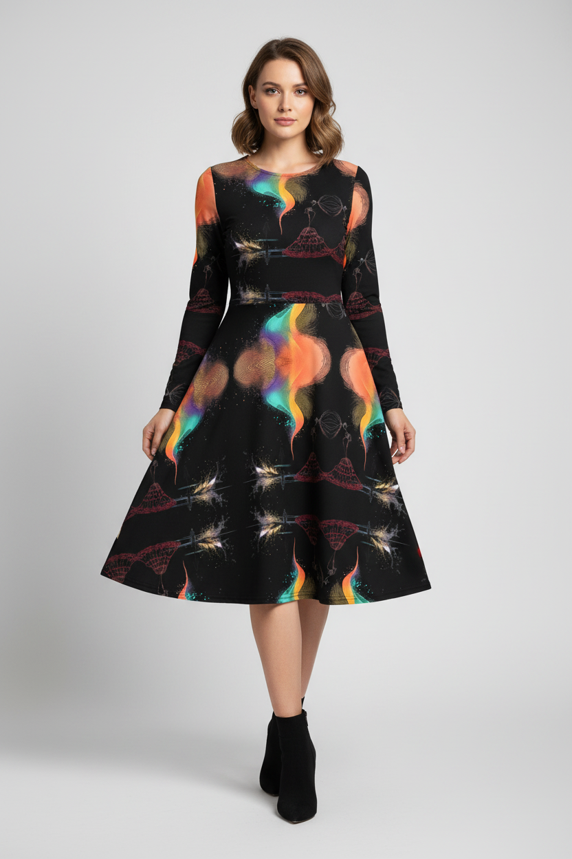 Woman wearing a black dress with colorful abstract patterns on a white background