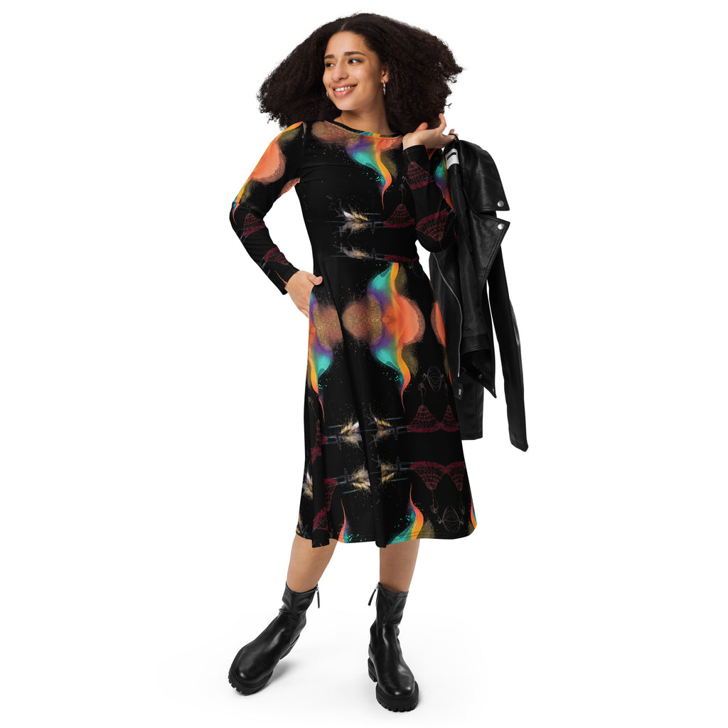 elegant statement midi dress bold colour abstract design