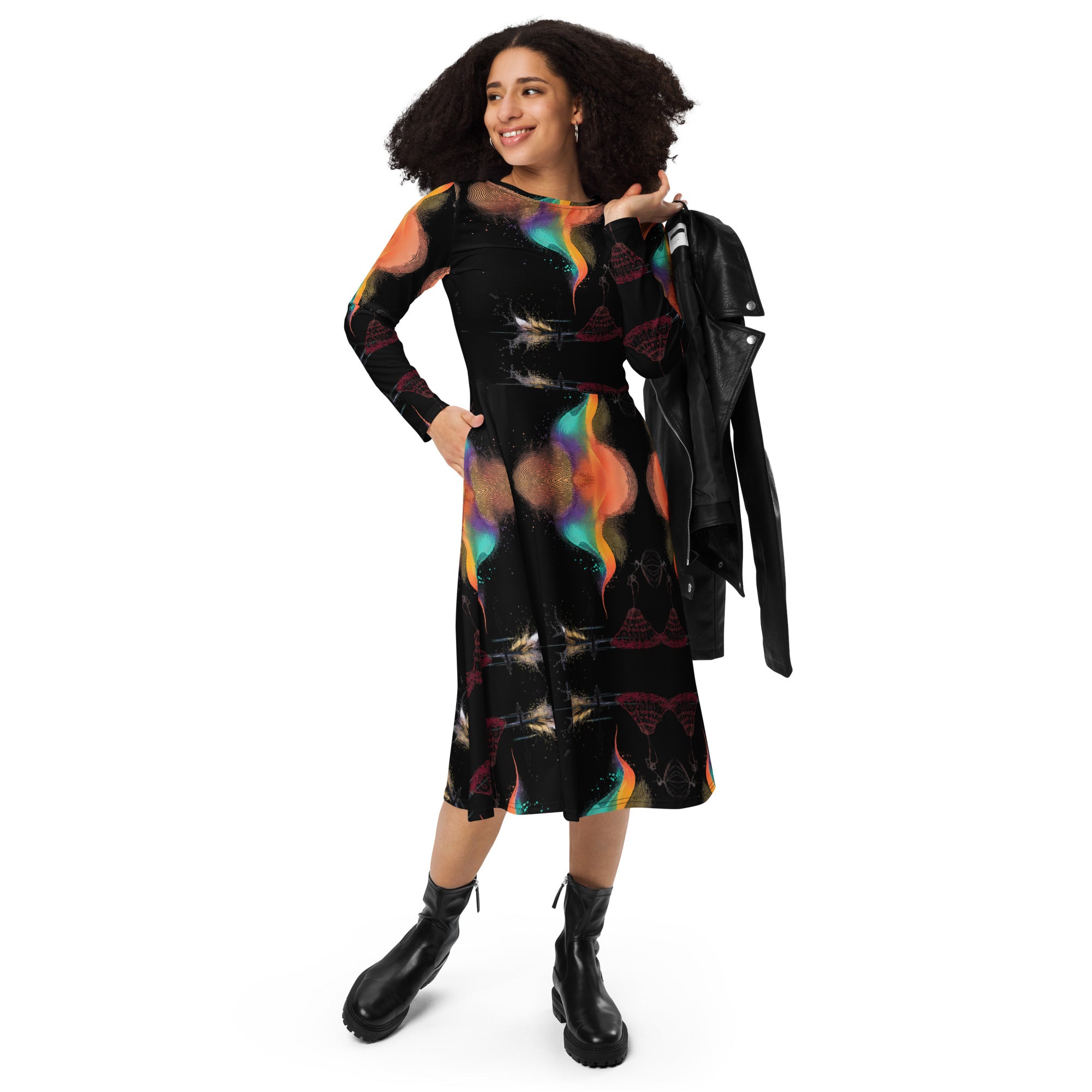 elegant statement midi dress bold colour abstract design