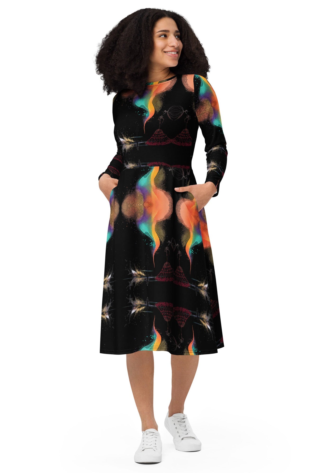 abstract art midi dress flowing fabric city fashion look