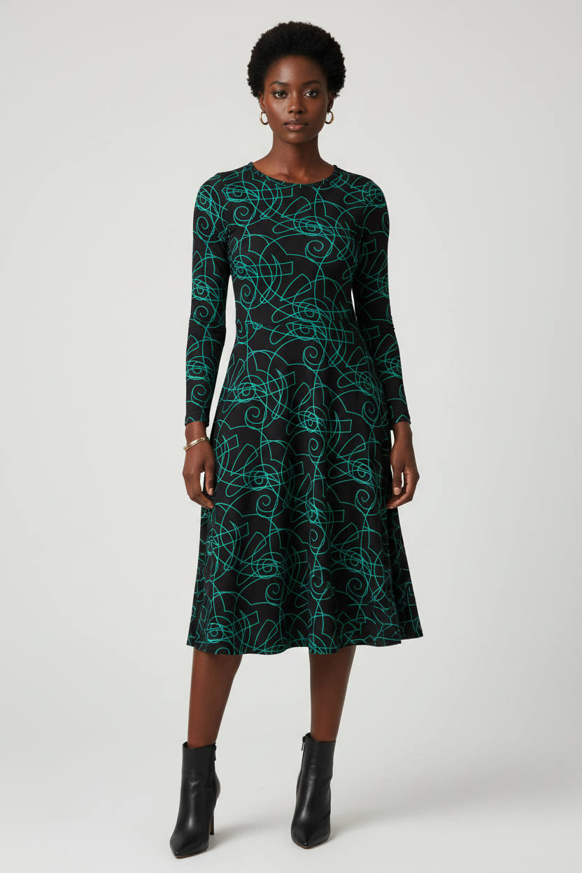 Woman wearing a black dress with green geometric pattern on a white background