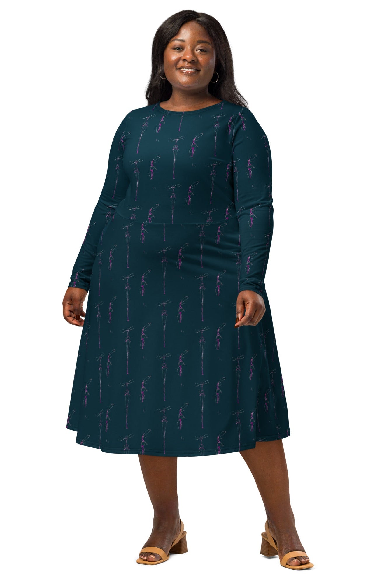 creative all over print midi dress front view