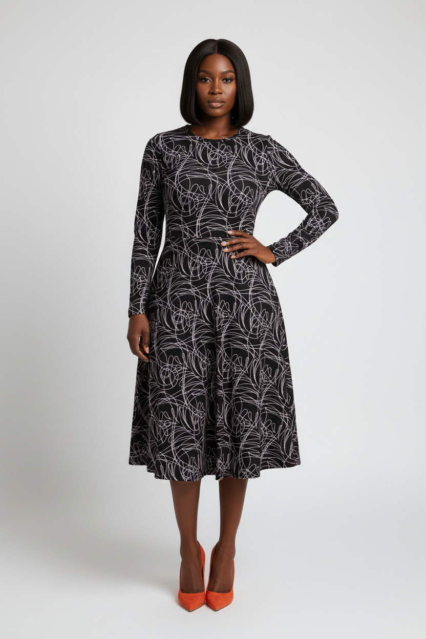 Woman wearing a black patterned dress on a white background