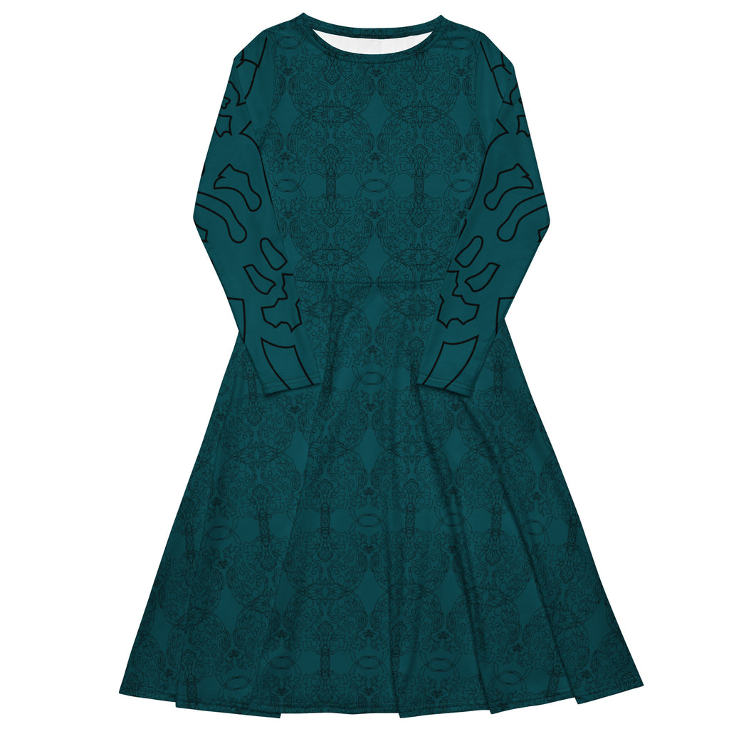 Stylish women's teal dress with long sleeves and flowing silhouette