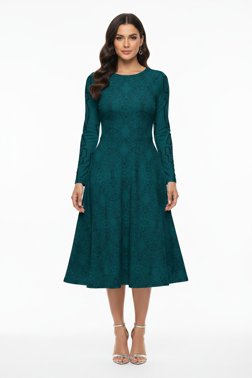 Premium long sleeve teal dress featuring wearable art design