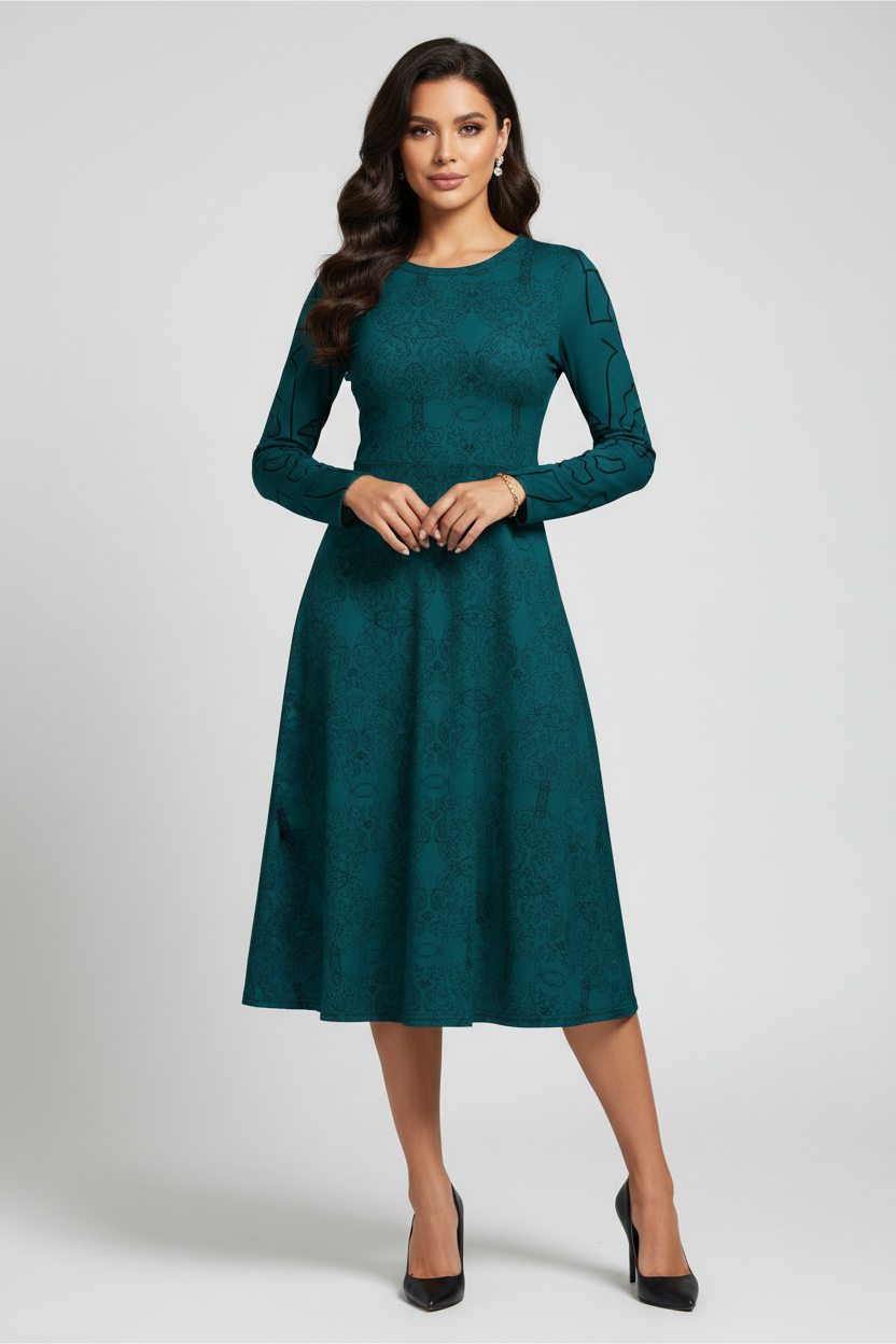 A woman modeling a long-sleeve teal green midi dress with a subtle jacquard pattern, standing against a light gray studio background.