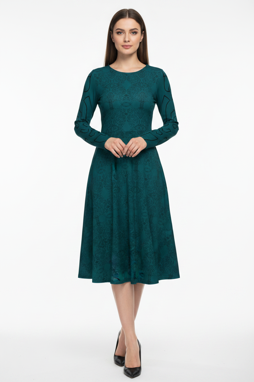 Elegant teal long sleeve artistic midi dress for women by Apparelhue