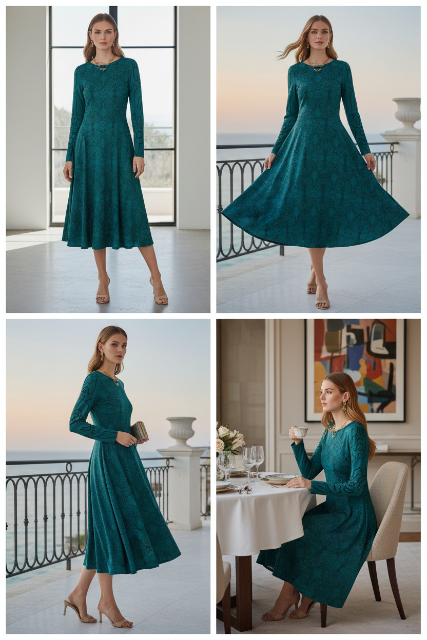A four-panel collage showing a woman modeling a long-sleeve teal midi dress in different indoor and outdoor settings. The dress has a fitted bodice, flared skirt, and is shown in full length, side profile, and seated at a table.