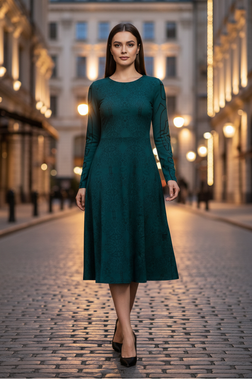 Woman in a teal dress standing on a city street at night.