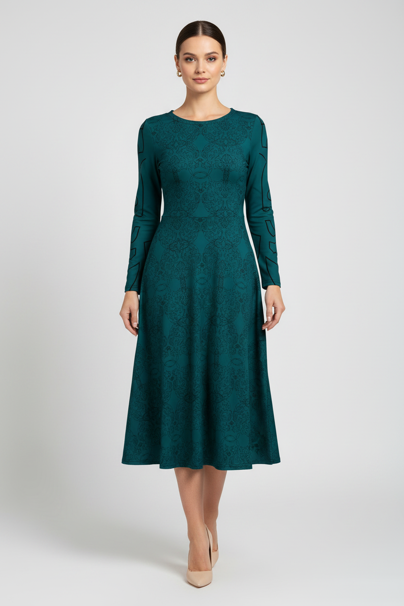 A woman modeling a long-sleeve, knee-length teal dress with an all-over tonal jacquard pattern, standing against a light gray studio background.