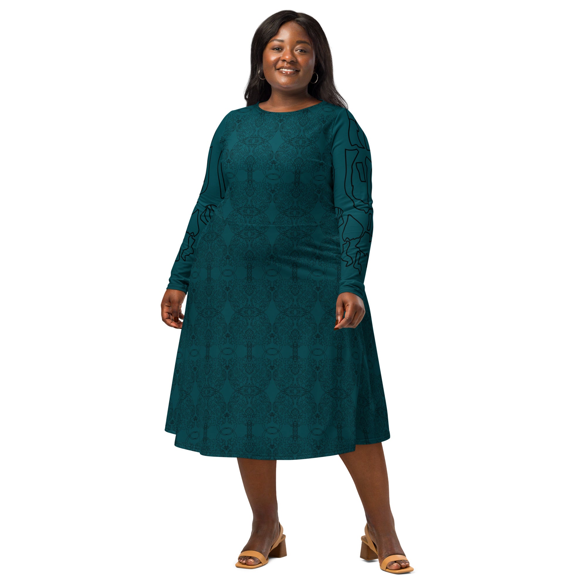Comfortable artistic long sleeve midi dress in rich teal colour