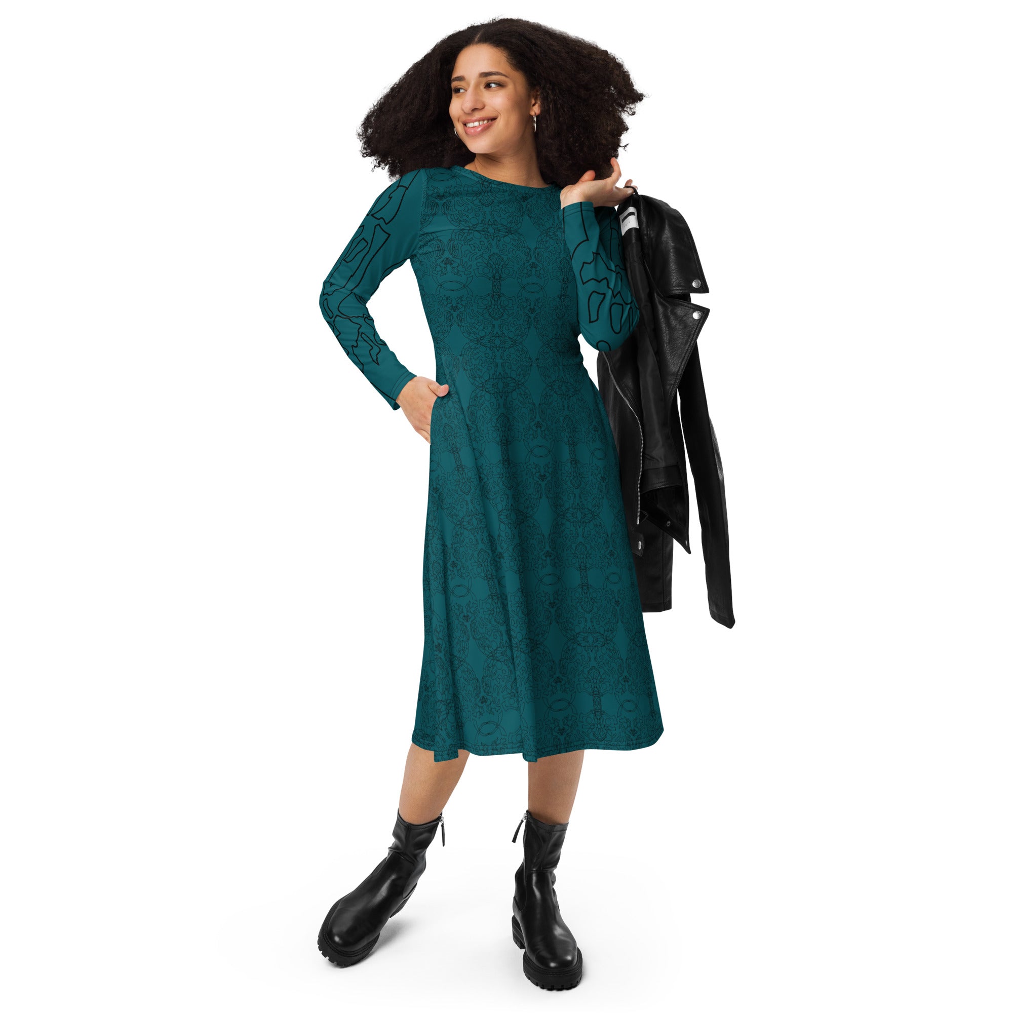 Front view of elegant teal artistic print midi dress