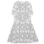 APPARELHUE wearable art fashion: white midi dress featuring unique grey patterns and bold graphic sleeves.