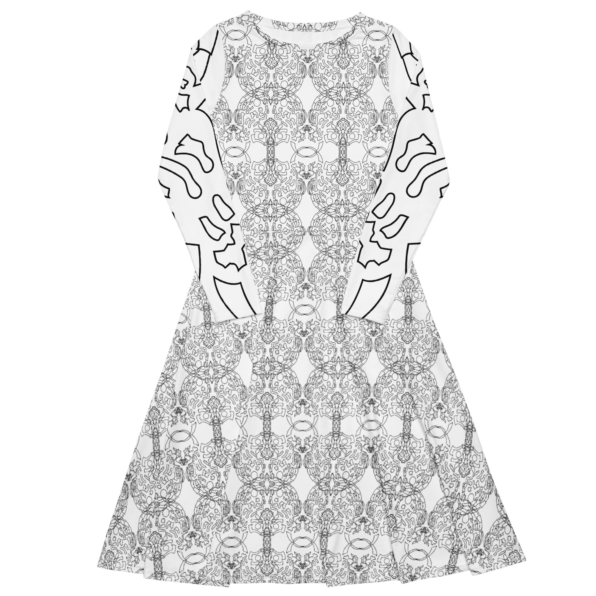 APPARELHUE wearable art fashion: white midi dress featuring unique grey patterns and bold graphic sleeves.