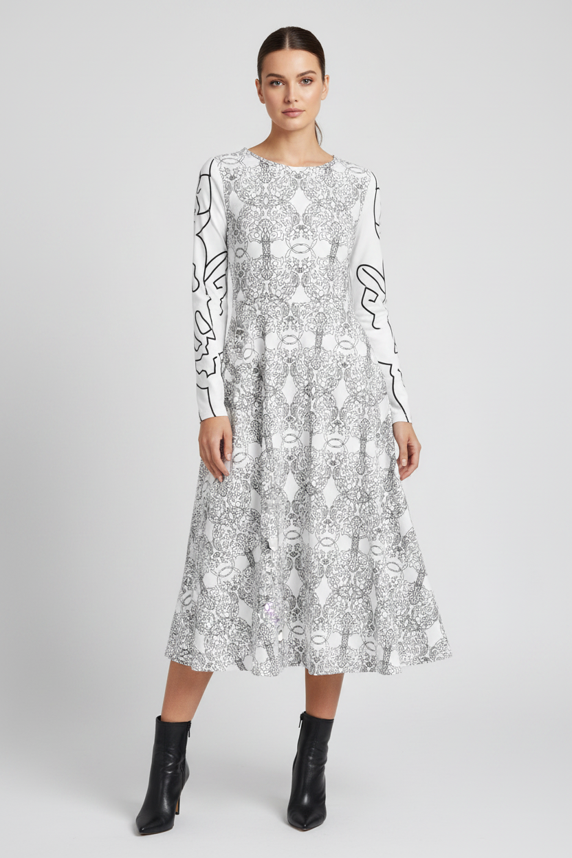 Woman modelling an APPARELHUE white patterned midi dress paired with high-heeled black leather ankle boots.